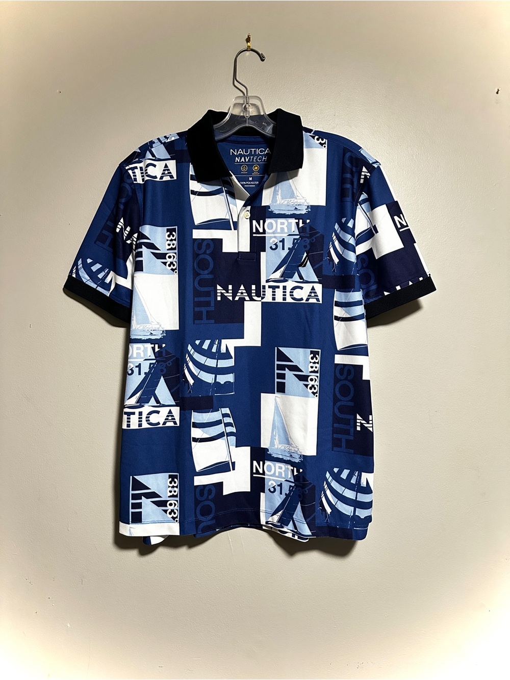 Nautica Blue and White Graphic Patchwork Polo
